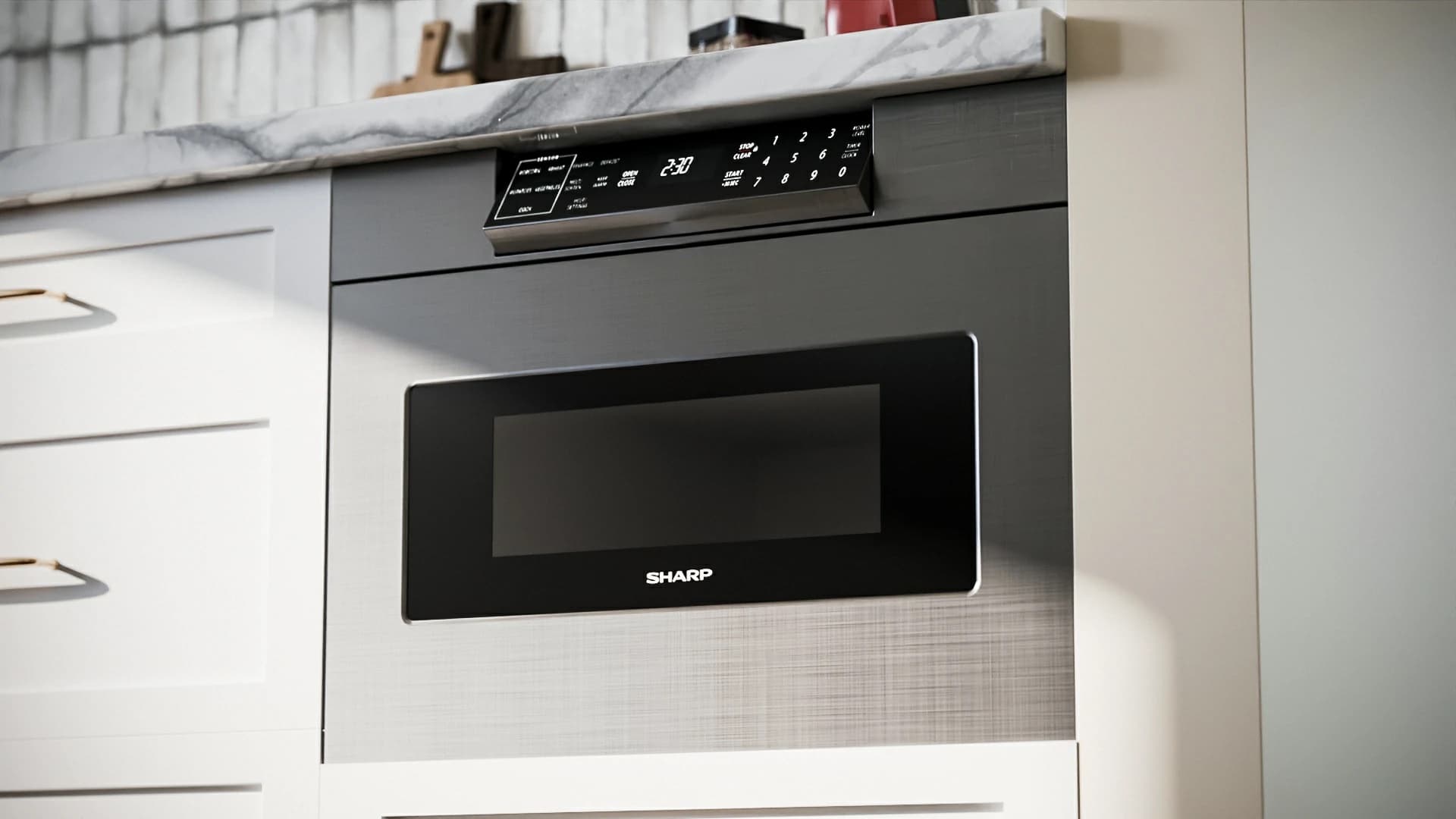 Sharp-edge appliance and cabinetry detail, photoreal kitchen interior render