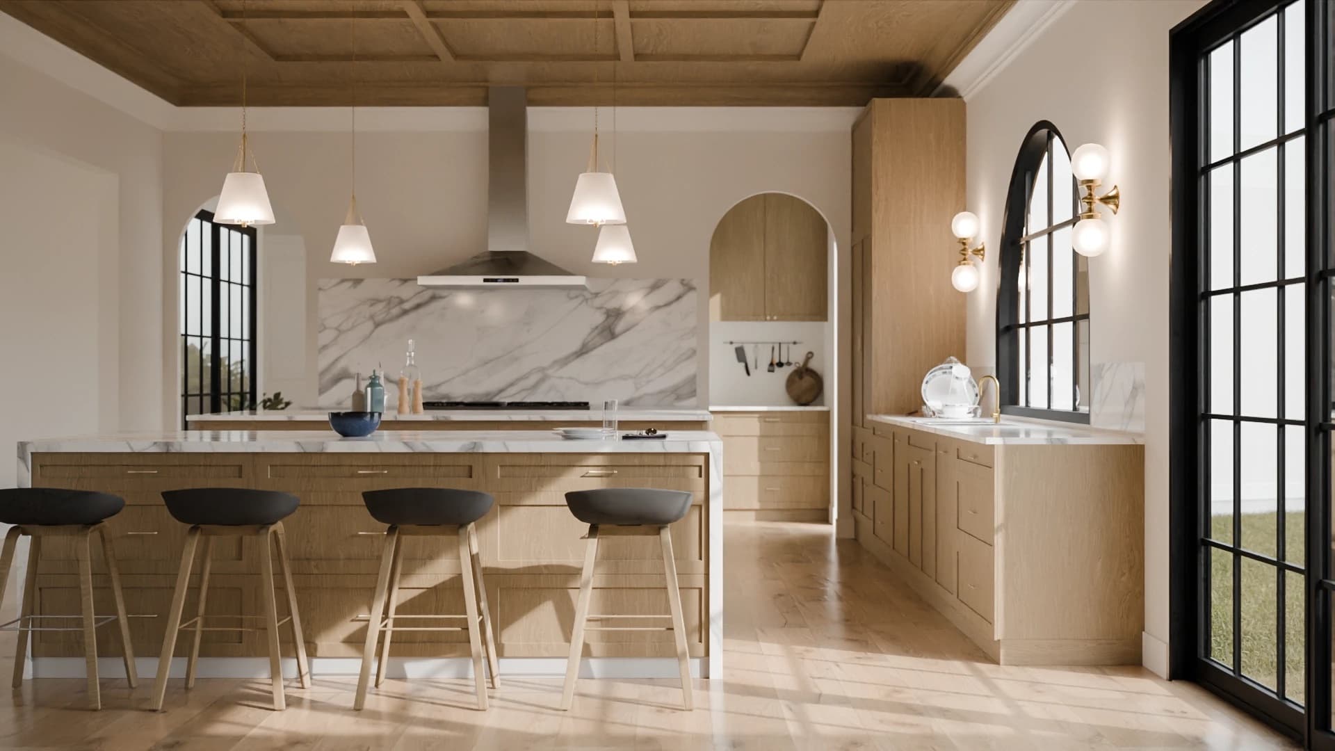 Arched kitchen with marble island, photoreal 3D interior visualization