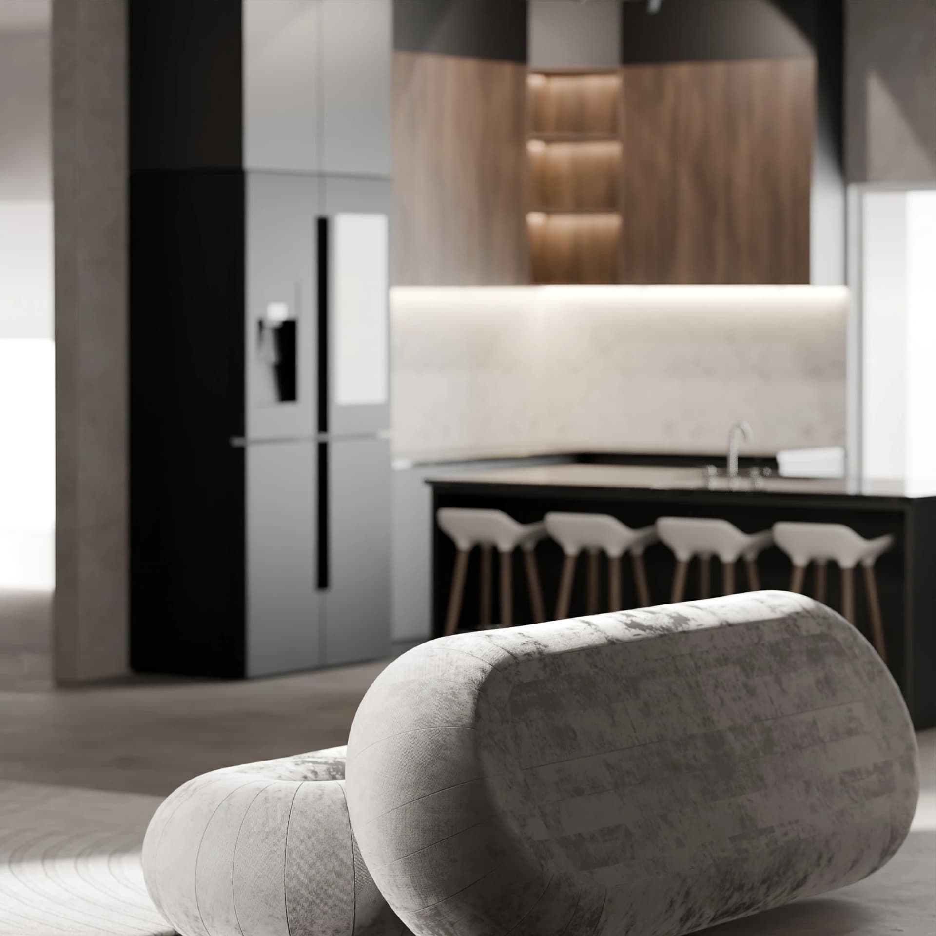 Black and chrome kitchen with velvet ottoman seating, photoreal 3D interior render