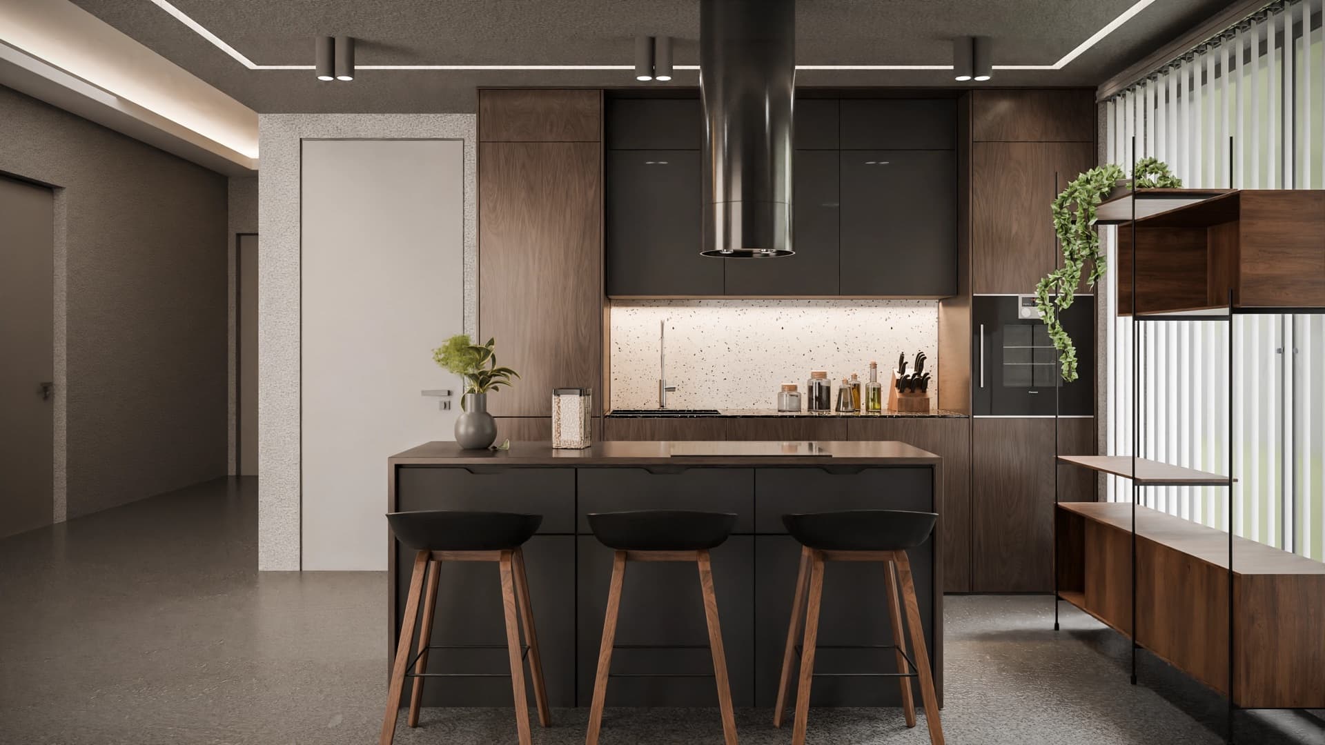 Black and wood modern kitchen with terrazzo backsplash, photoreal 3D interior render