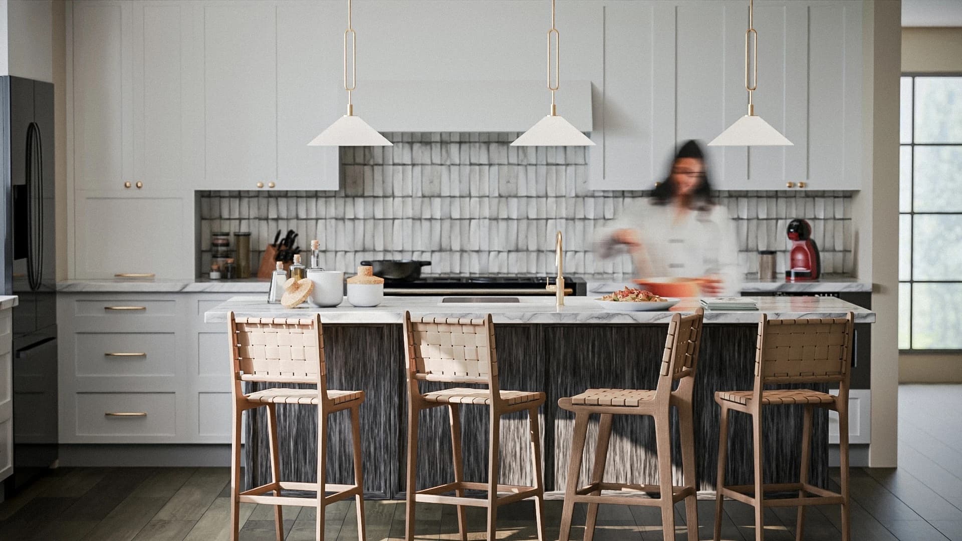 Chevron pattern kitchen with white marble island, photoreal 3D interior render