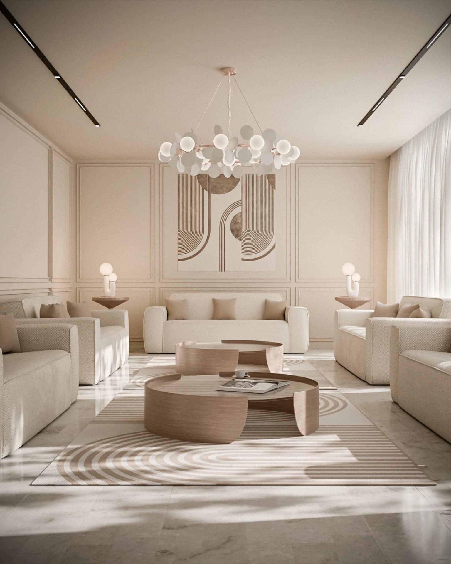 Cream salon with sculptural pendant lighting, photoreal 3D interior render