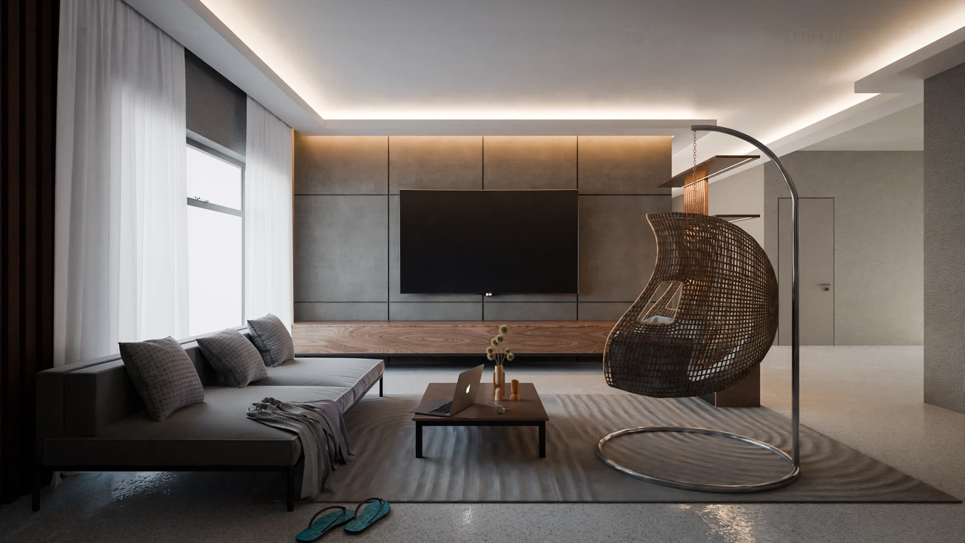 Dark moody living room interior with hanging seat, photoreal 3D render