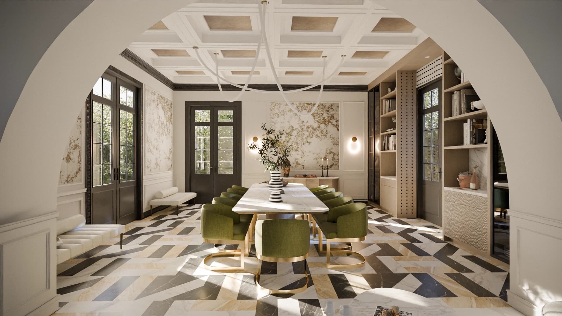 Formal dining room with patterned floor, photoreal 3D interior render