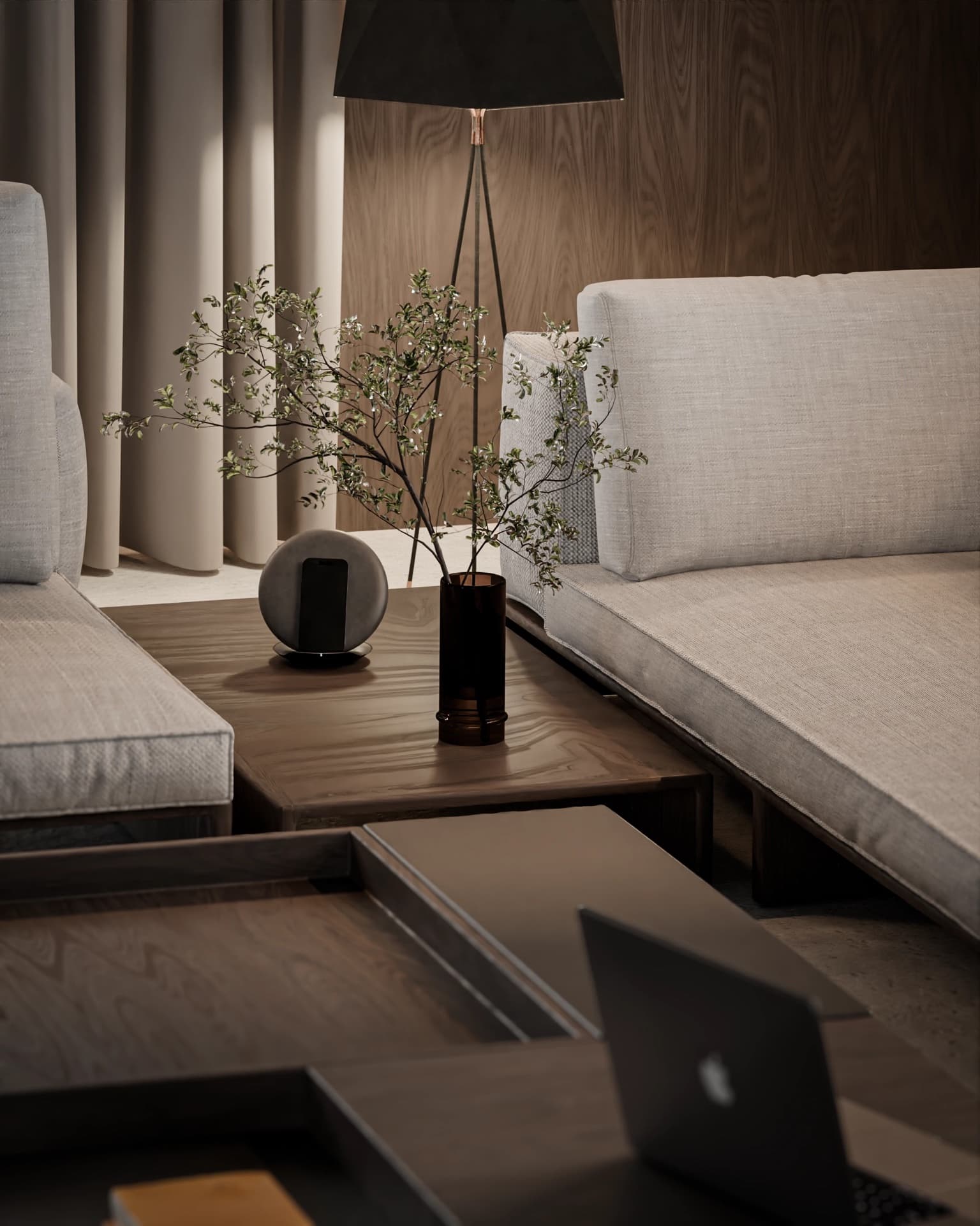 Contemporary lounge detail, lamp and seating study, photoreal 3D interior render