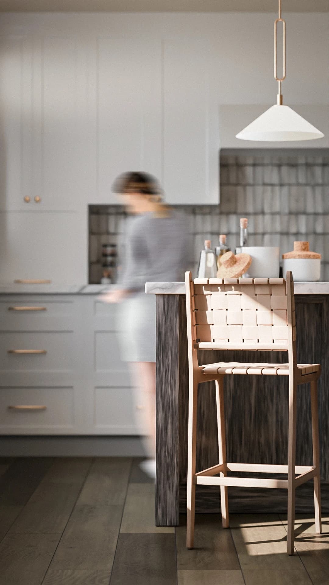 Morning-light kitchen with woven barstools, photoreal 3D interior render