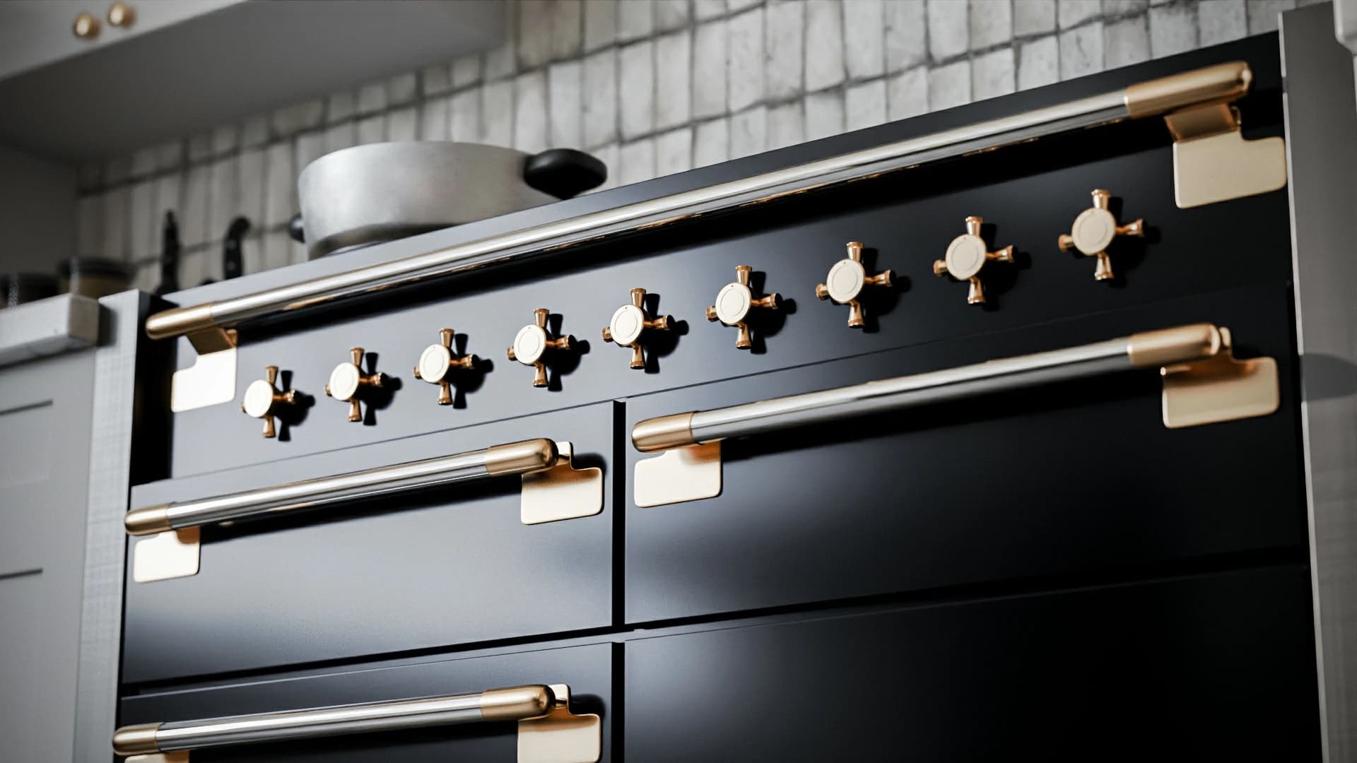 Kitchen range detail with copper hardware, photoreal close-up 3D render