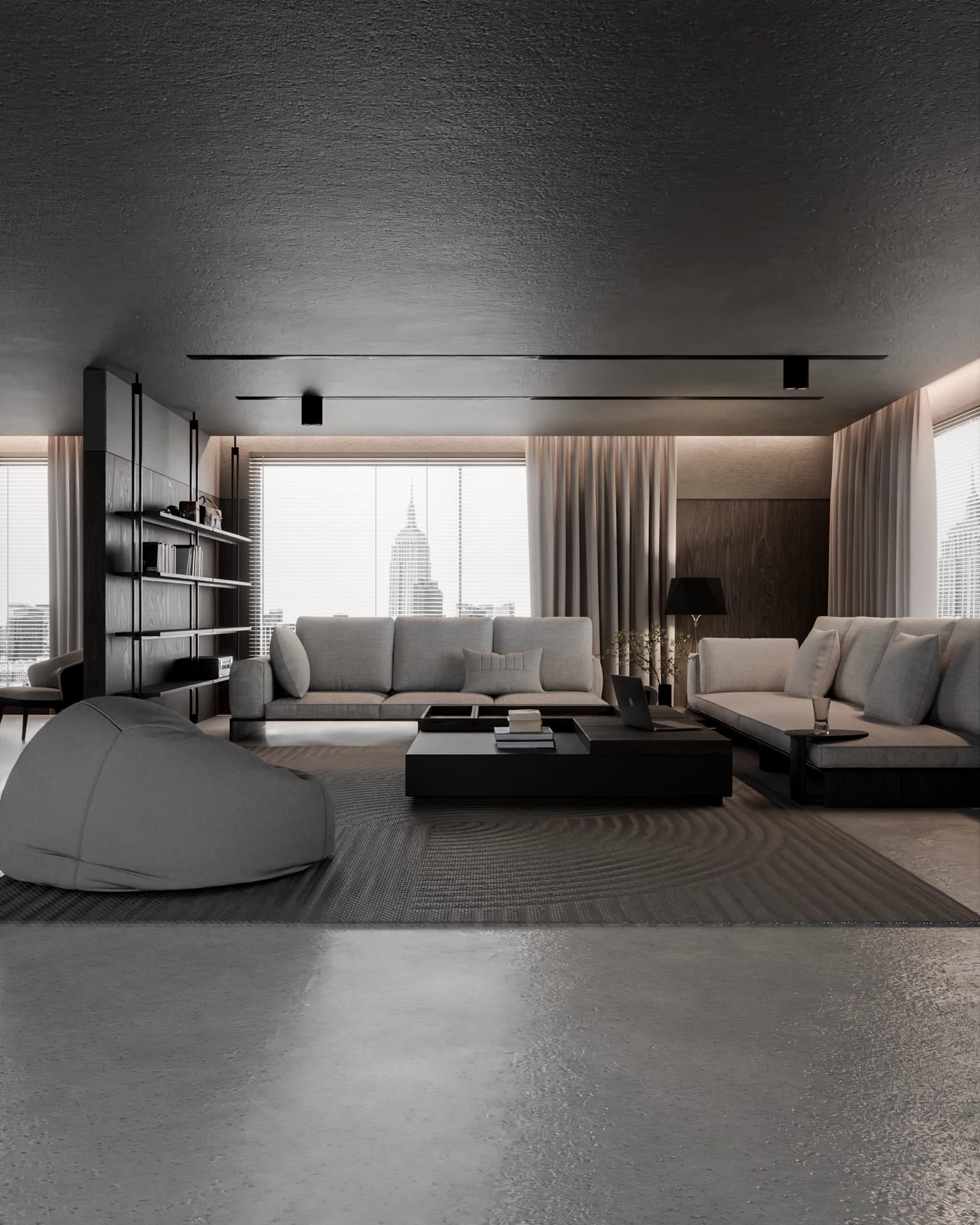 Skyline penthouse living room with modular sofa, photoreal interior visualization