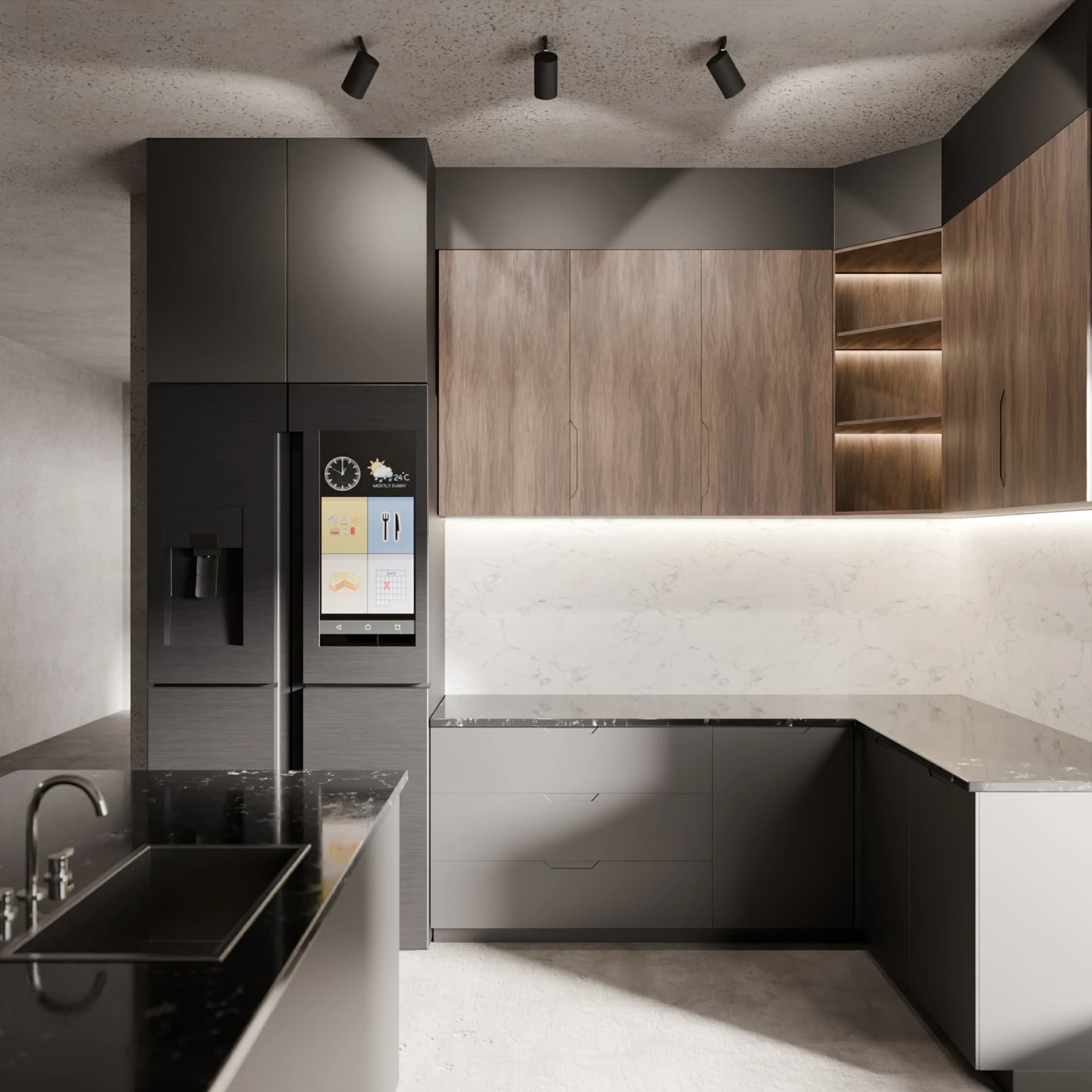 Smart minimalist kitchen with marble counters, photoreal 3D interior render