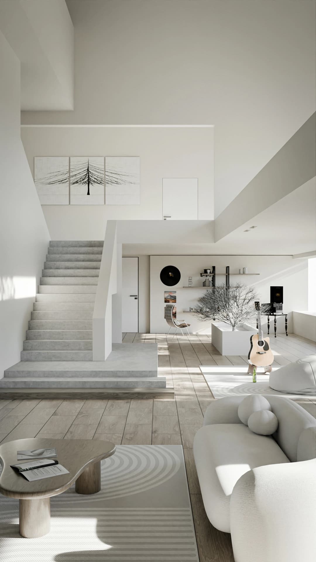 Double-height white atrium interior, photoreal 3D architectural visualization