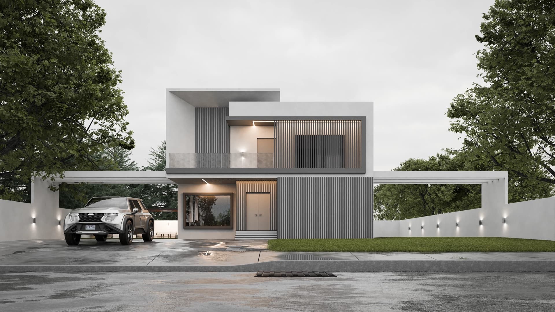 Modern white villa exterior, photoreal 3D architectural rendering, street view