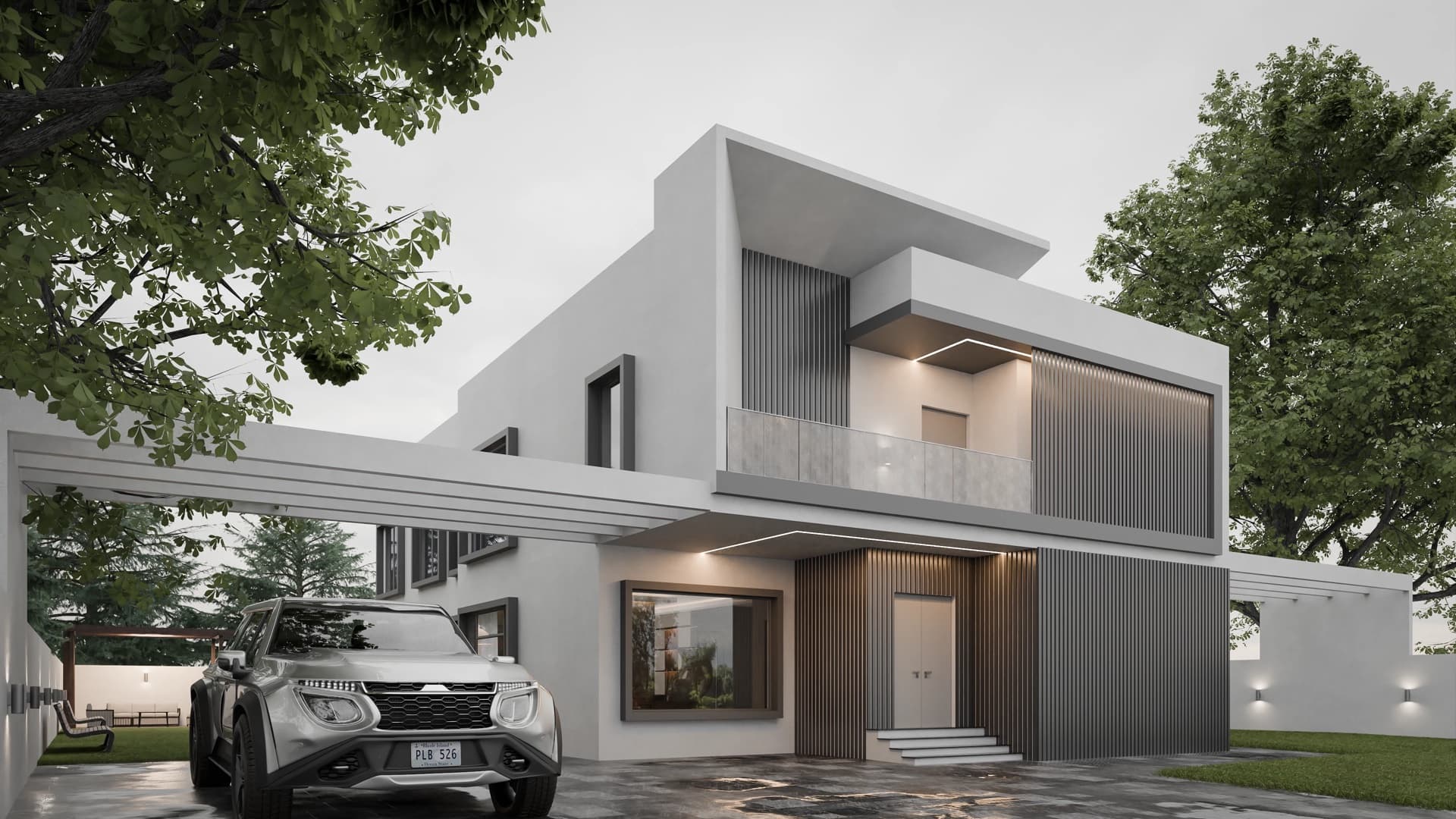Modern white villa approach driveway, photoreal exterior 3D render