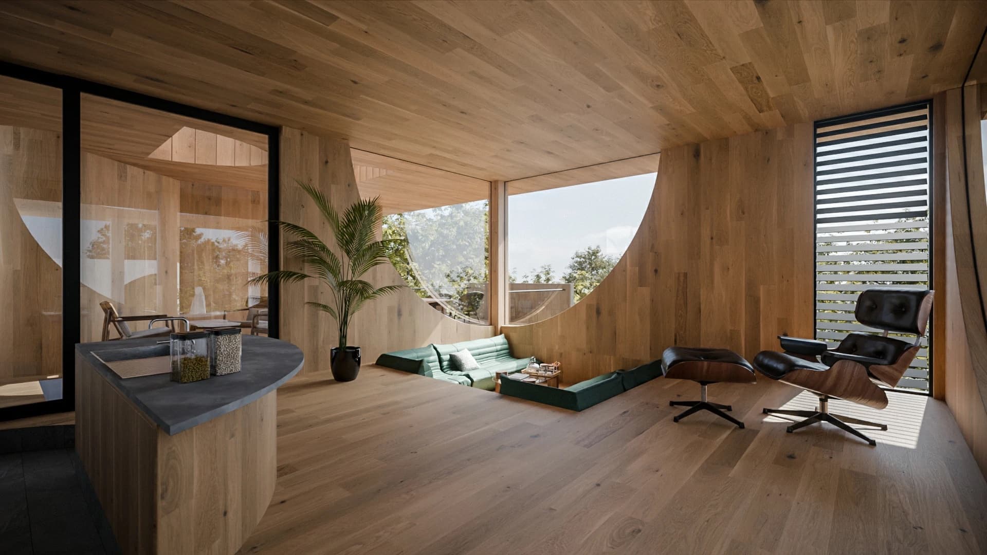 Wood-clad cocoon reading room, warm photoreal 3D interior render