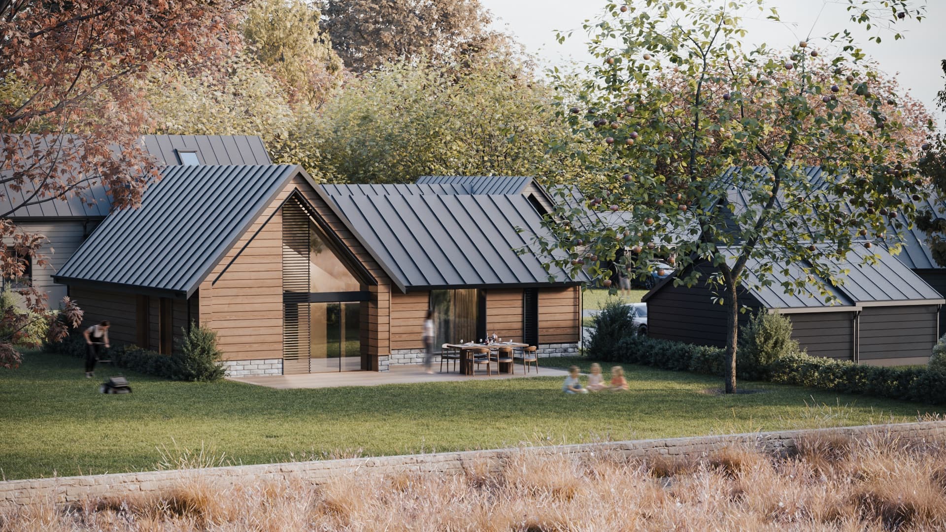 The Nordic Woodland Retreat, luxury timber cabins in the Cotswolds, photoreal exterior render